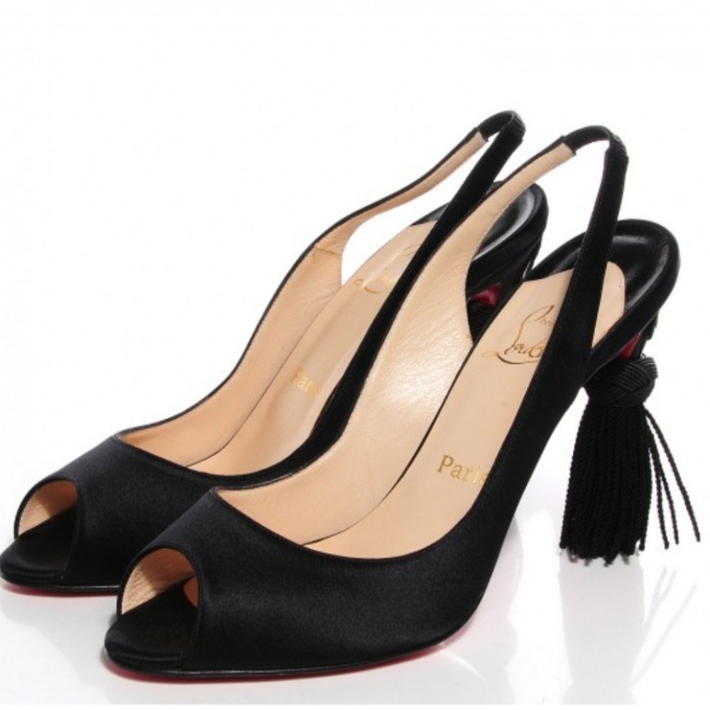 Christian Louboutin Black Satin Peep-Toe Tassle Heels